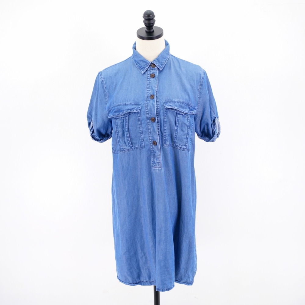 A.N.A. Small Blue Denim Shirt Dress Collared Button Front Rolled Tab Sleeve
